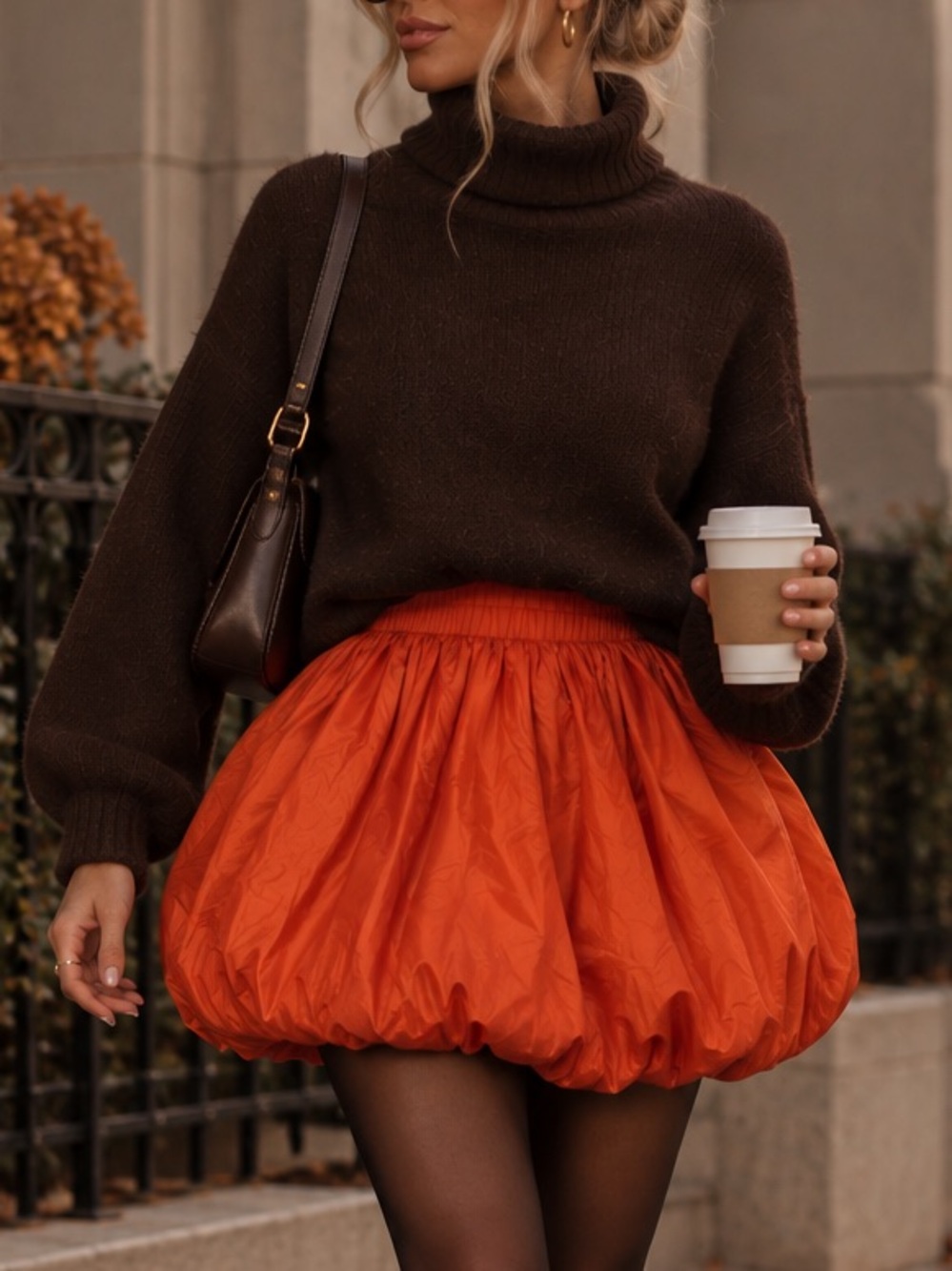 Women's Orange Bubble Mini Skirt - Playful Gathered Silhouette
